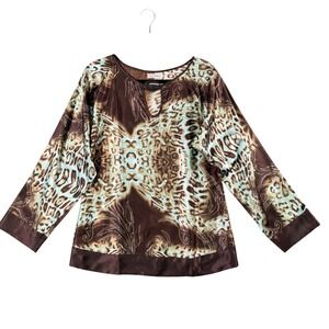 KAELYN-MAX Women's Brown Leopard Print V-Neck Long Sleeve Top Size‎ M